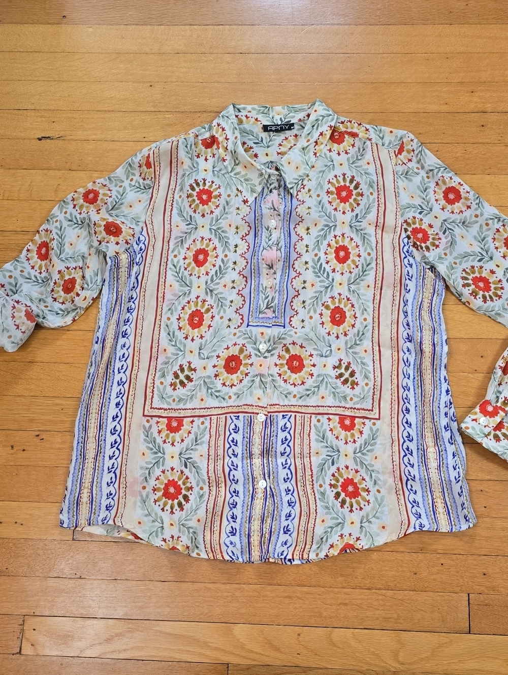 APNY, Boho Floral Tile Print Button Down Blouse, Multicolor, EUC, Women's L